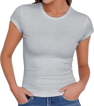 GEMBERA Womens' Stretchy Ribbed High Neck Short Sleeve Gym Workout Slim Fitted Casual Full Length Top T-Shirt