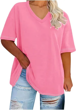 Generic 2024 Oversized T Shirts Women's Plus Size Tees Casual Half Sleeve V Neck Shirt Summer Loose Comfy Basic Tunic Tops