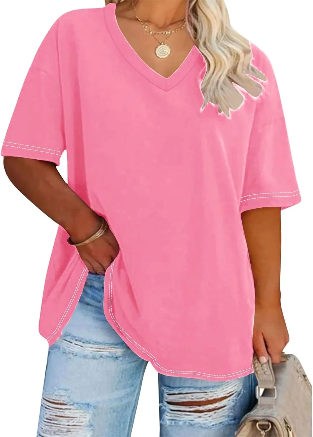 Generic 2024 Oversized T Shirts Women's Plus Size Tees Casual Half Sleeve V Neck Shirt Summer Loose Comfy Basic Tunic Tops