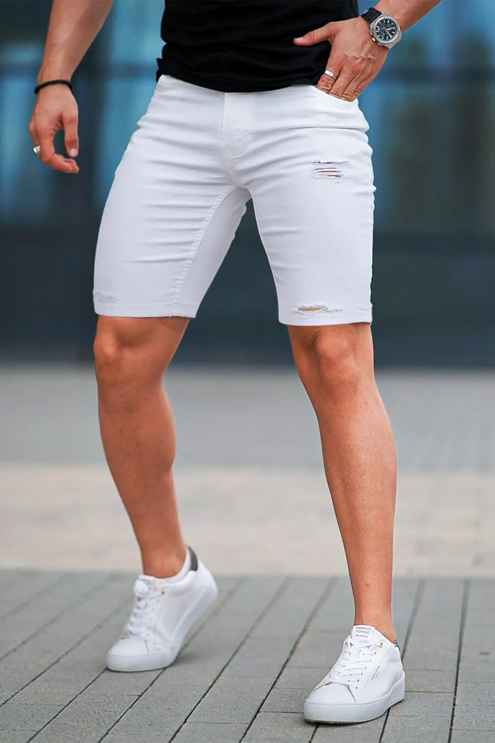 GINGTTO Men's Jean Shorts Ripped Slim Fit Stretch Denim Shorts