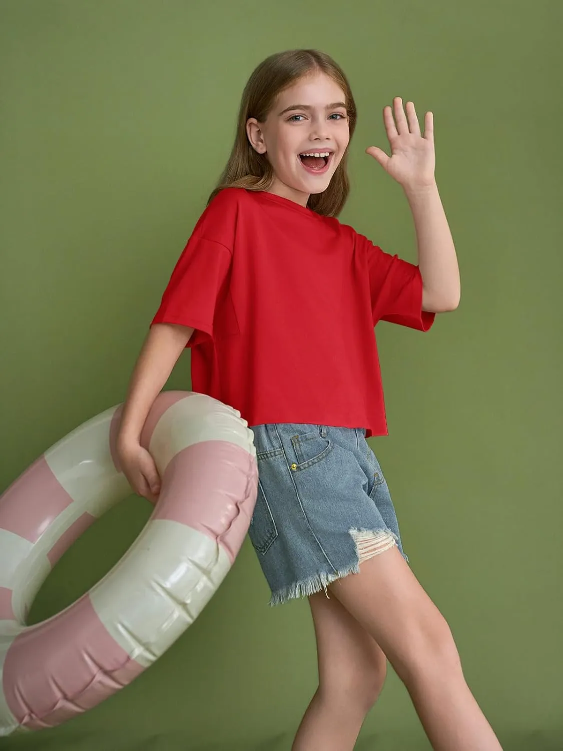 Girls Athletic Oversized Crop Tops Kids Drop Shoulder Short Sleeve T Shirts Workout Tees 5-14 Years