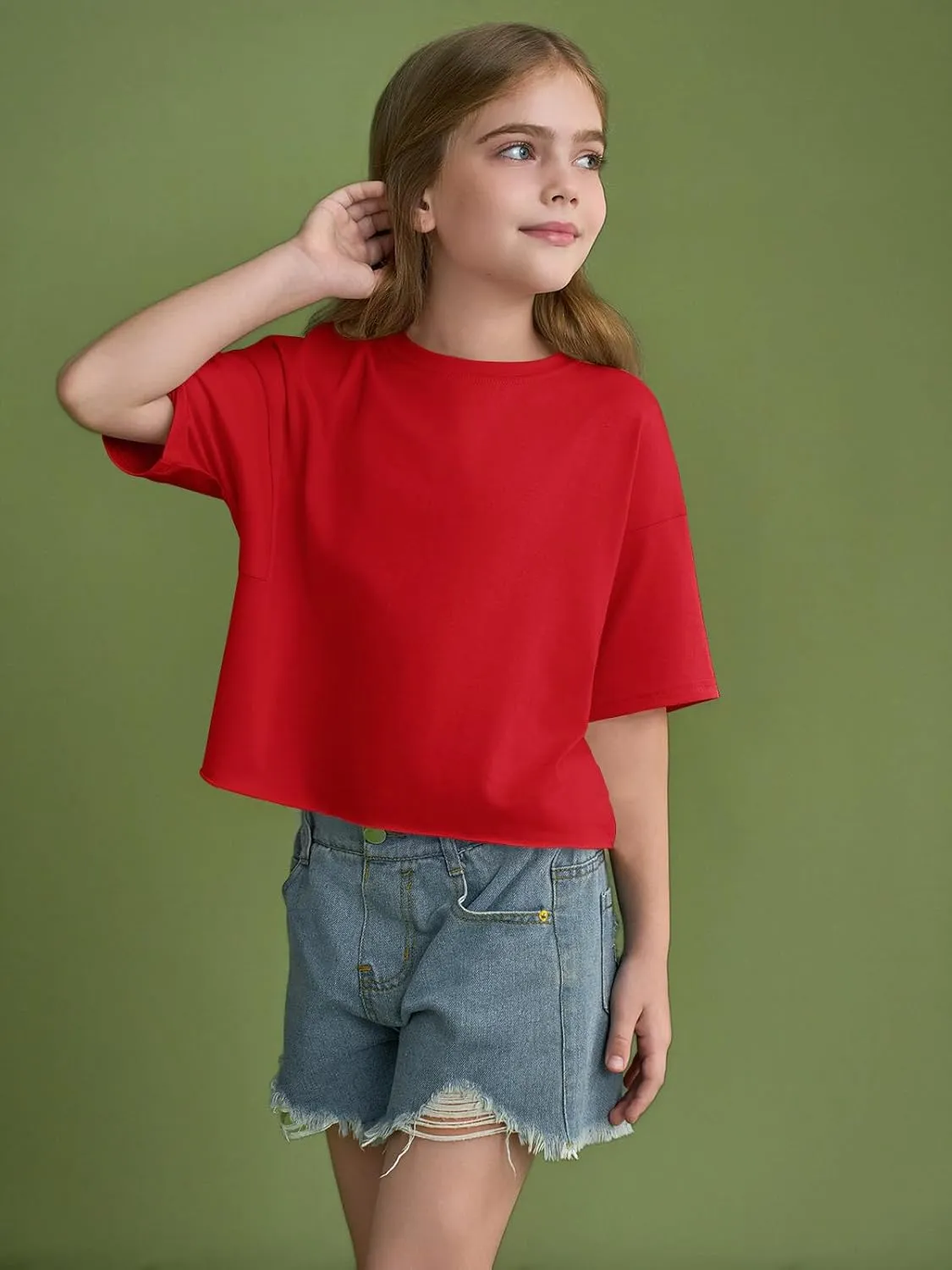 Girls Athletic Oversized Crop Tops Kids Drop Shoulder Short Sleeve T Shirts Workout Tees 5-14 Years