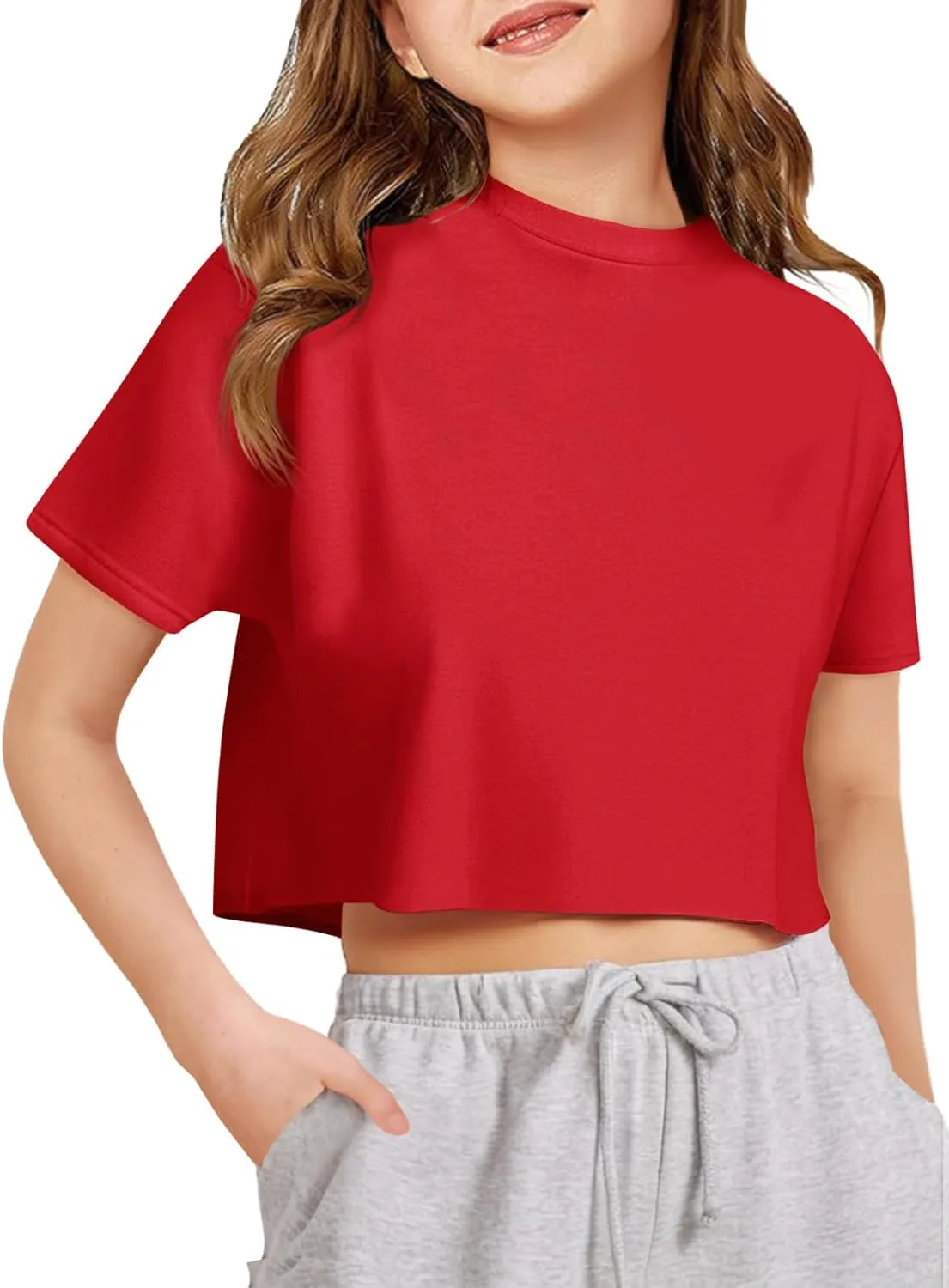 Girls Athletic Oversized Crop Tops Kids Drop Shoulder Short Sleeve T Shirts Workout Tees 5-14 Years