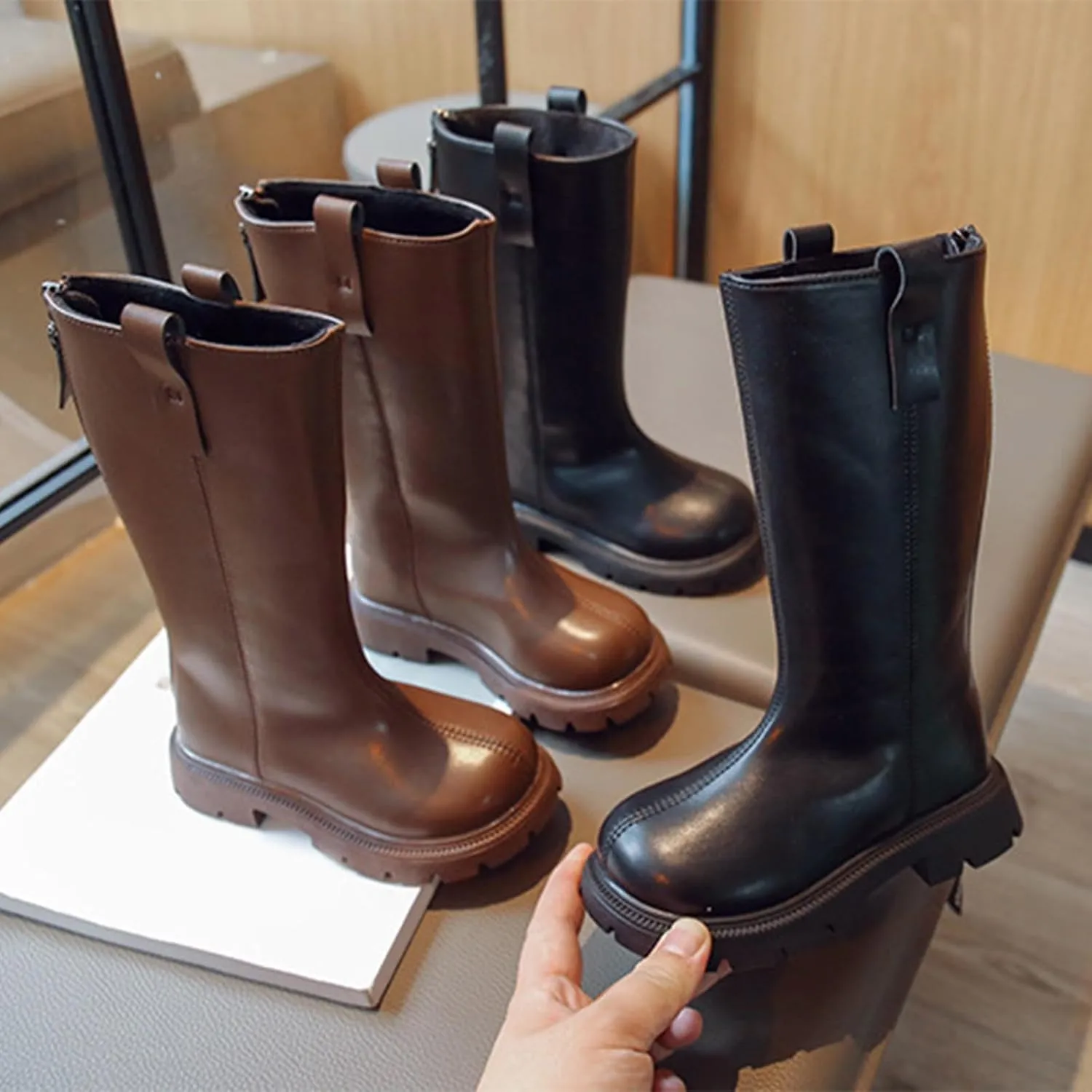Girls Mid Calf Boots Knee High Chunky Low Heels Non Slip Black Boots With Thick Soles for Winter School Part Dress up