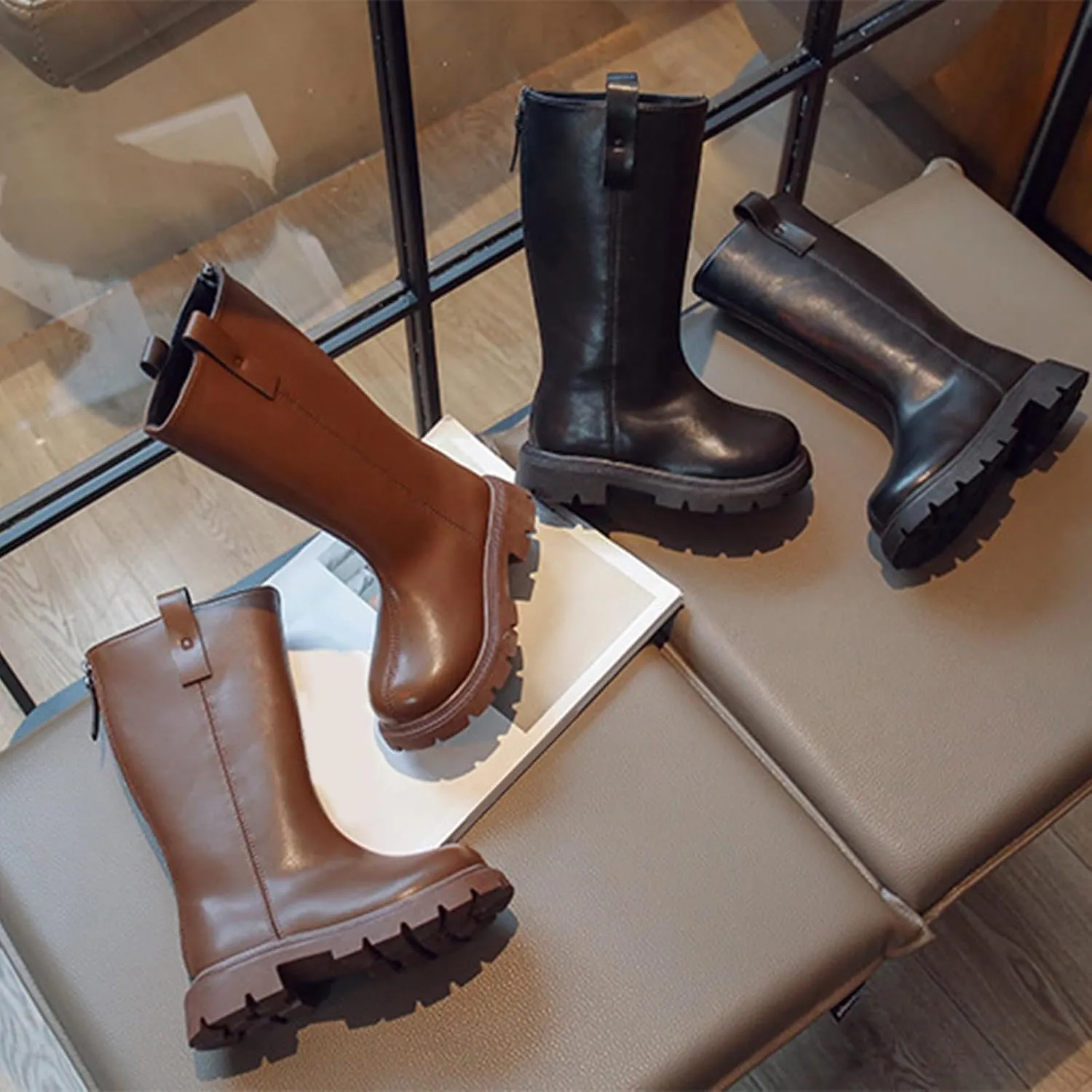 Girls Mid Calf Boots Knee High Chunky Low Heels Non Slip Black Boots With Thick Soles for Winter School Part Dress up