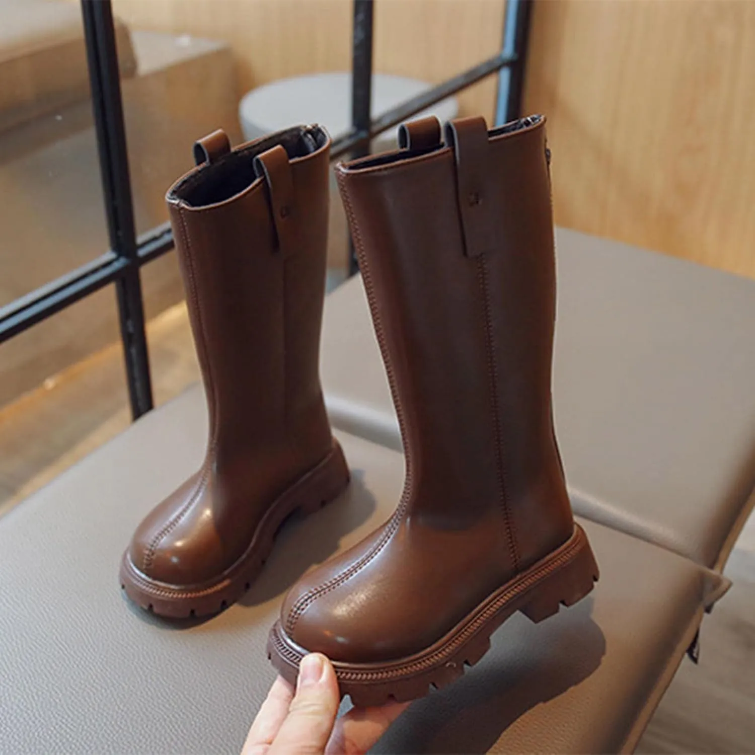 Girls Mid Calf Boots Knee High Chunky Low Heels Non Slip Black Boots With Thick Soles for Winter School Part Dress up