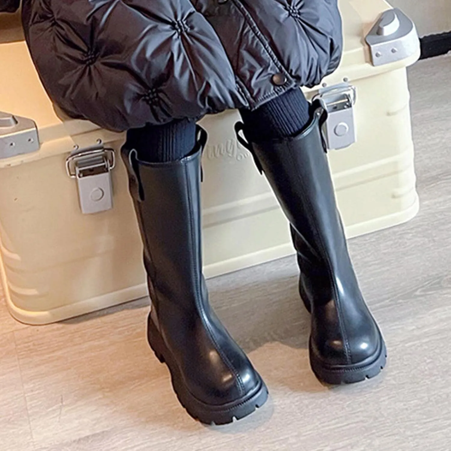 Girls Mid Calf Boots Knee High Chunky Low Heels Non Slip Black Boots With Thick Soles for Winter School Part Dress up