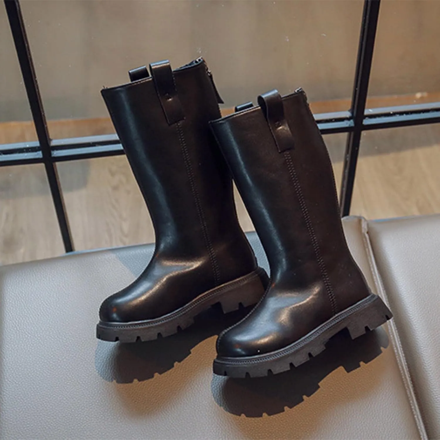 Girls Mid Calf Boots Knee High Chunky Low Heels Non Slip Black Boots With Thick Soles for Winter School Part Dress up