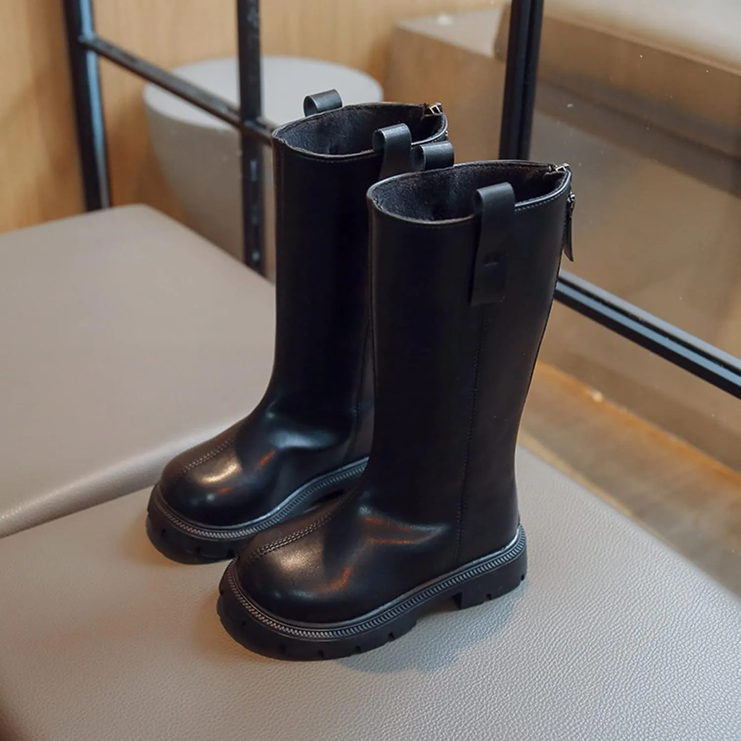 Girls Mid Calf Boots Knee High Chunky Low Heels Non Slip Black Boots With Thick Soles for Winter School Part Dress up