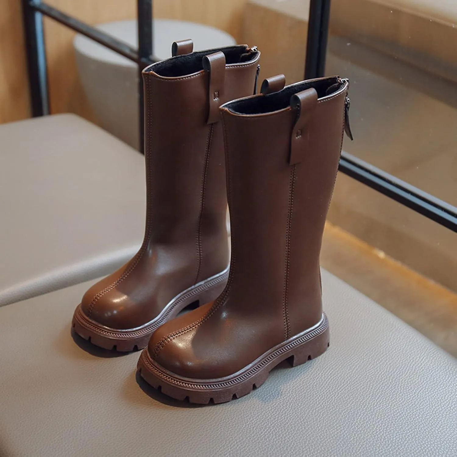 Girls Mid Calf Boots Knee High Chunky Low Heels Non Slip Black Boots With Thick Soles for Winter School Part Dress up