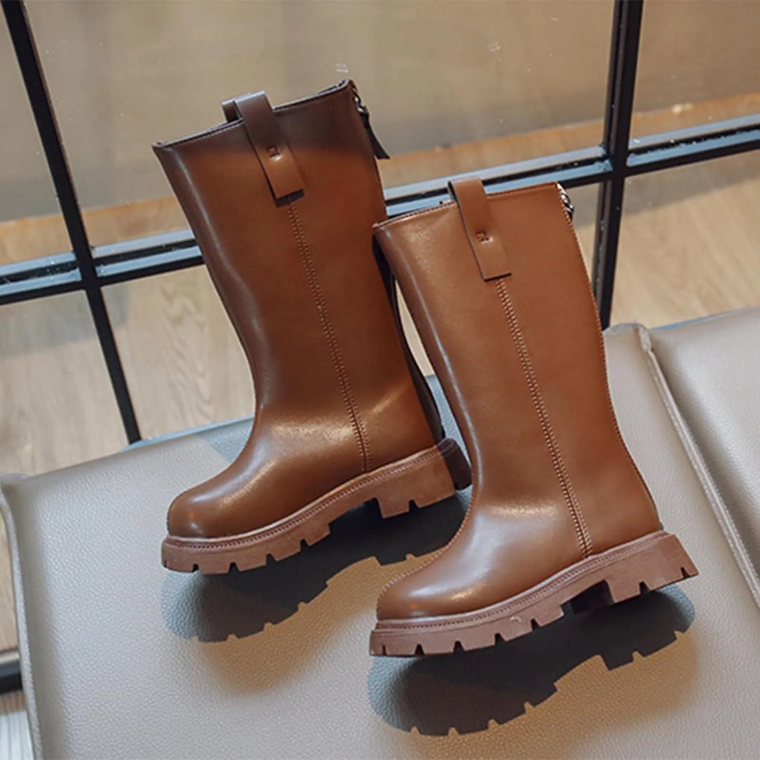 Girls Mid Calf Boots Knee High Chunky Low Heels Non Slip Black Boots With Thick Soles for Winter School Part Dress up