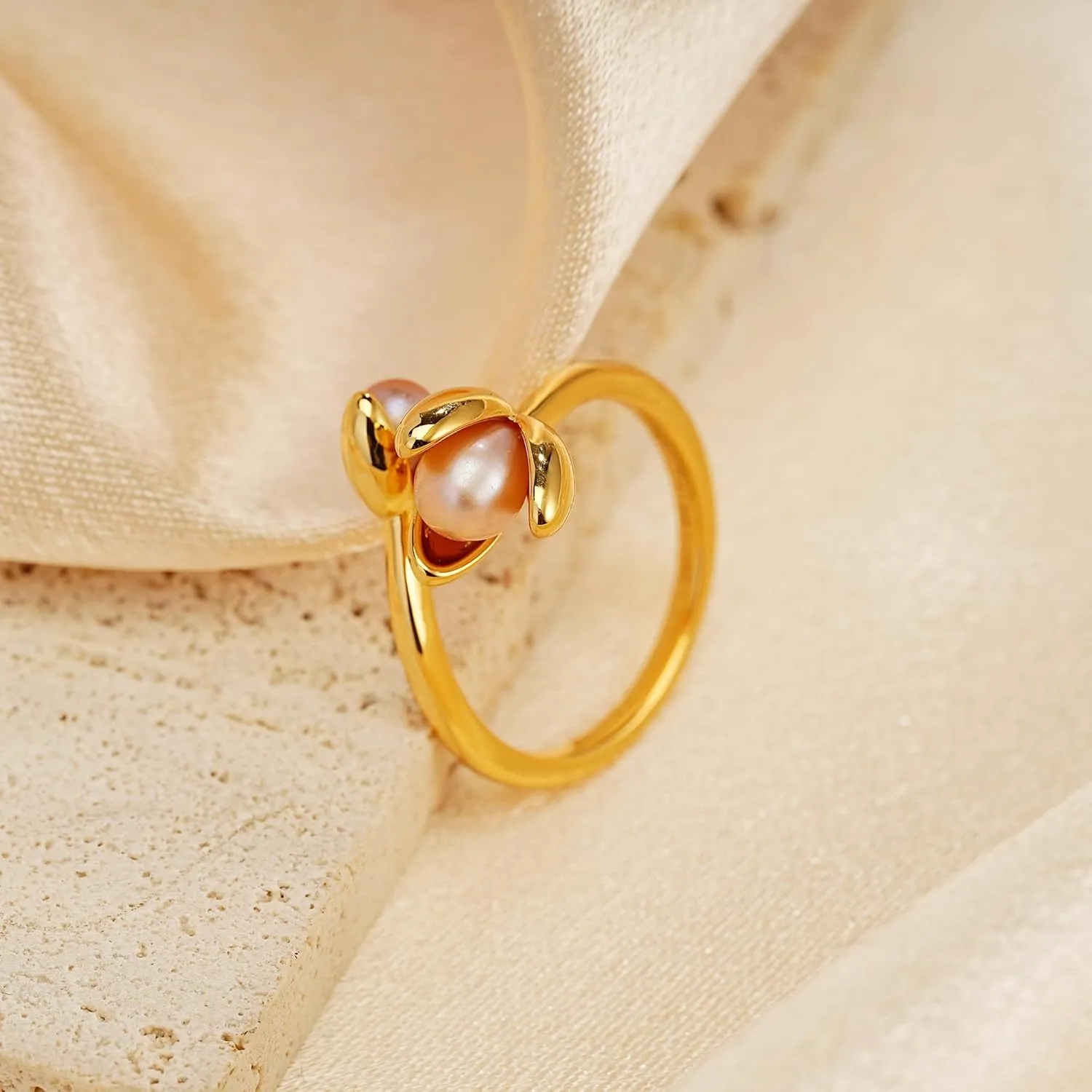 Gold Open Stackable Rings - Adjustable Gold Flower Pearl Ring Wedding Flower Rings for Women