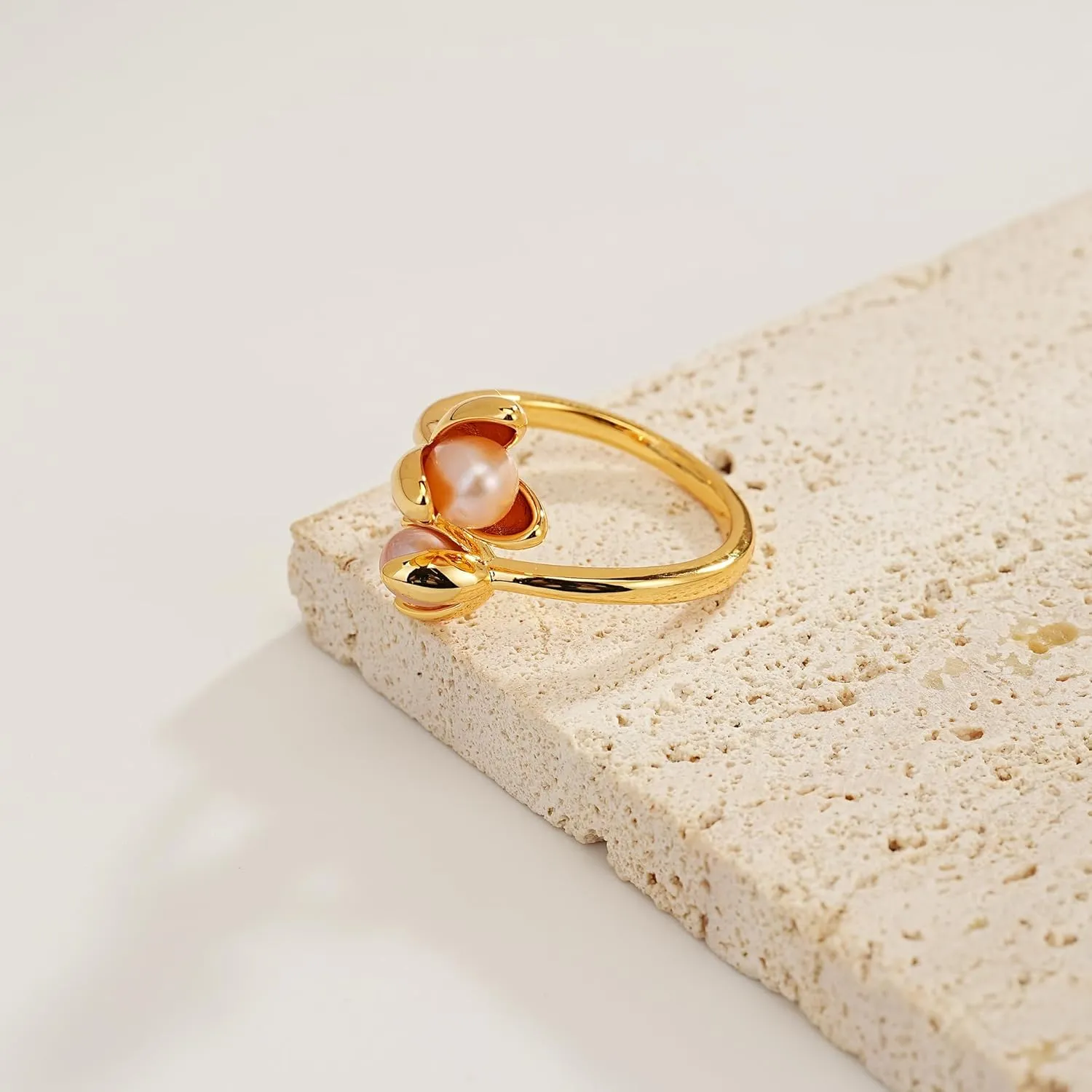 Gold Open Stackable Rings - Adjustable Gold Flower Pearl Ring Wedding Flower Rings for Women