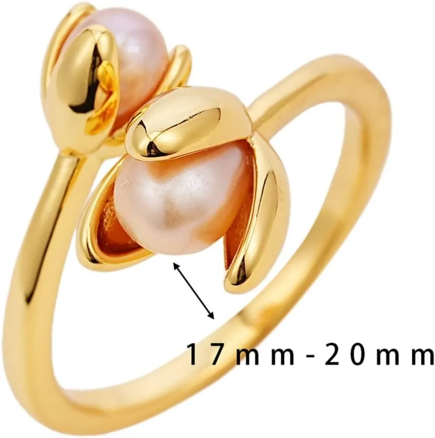 Gold Open Stackable Rings - Adjustable Gold Flower Pearl Ring Wedding Flower Rings for Women