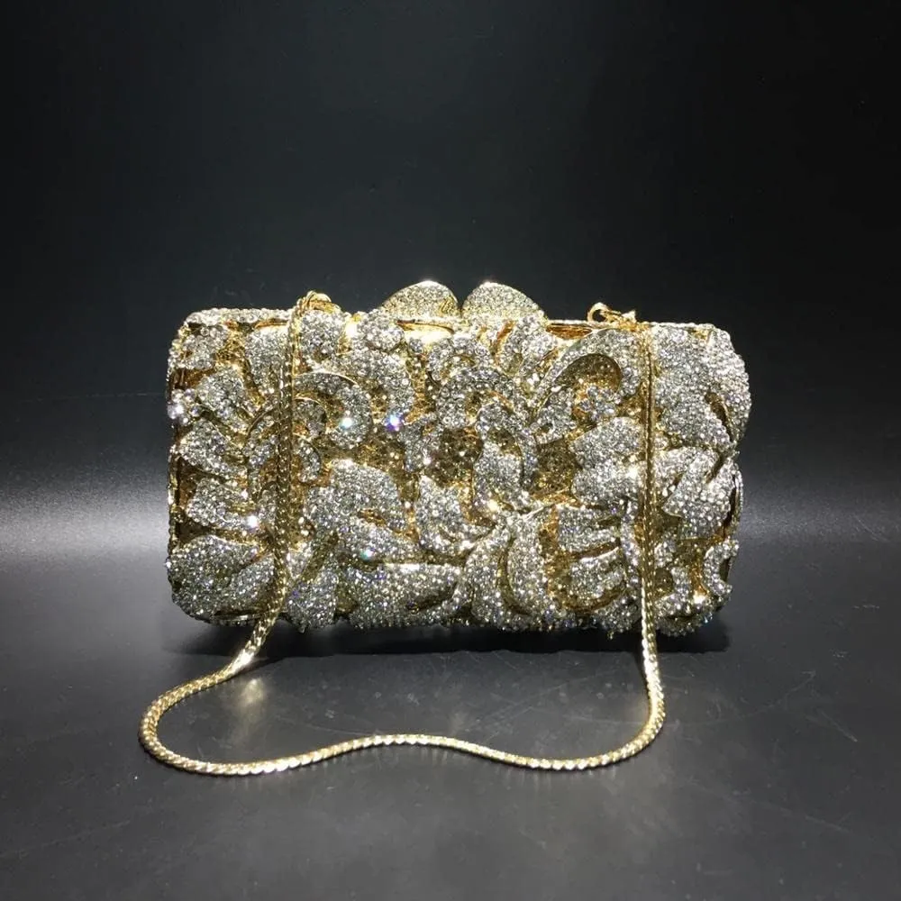 Gold Rhinestone Clutch Bag for Women, Crystal Evening Bag with Flowers, Handbag with Chain for Party Wedding (Color : Gold)