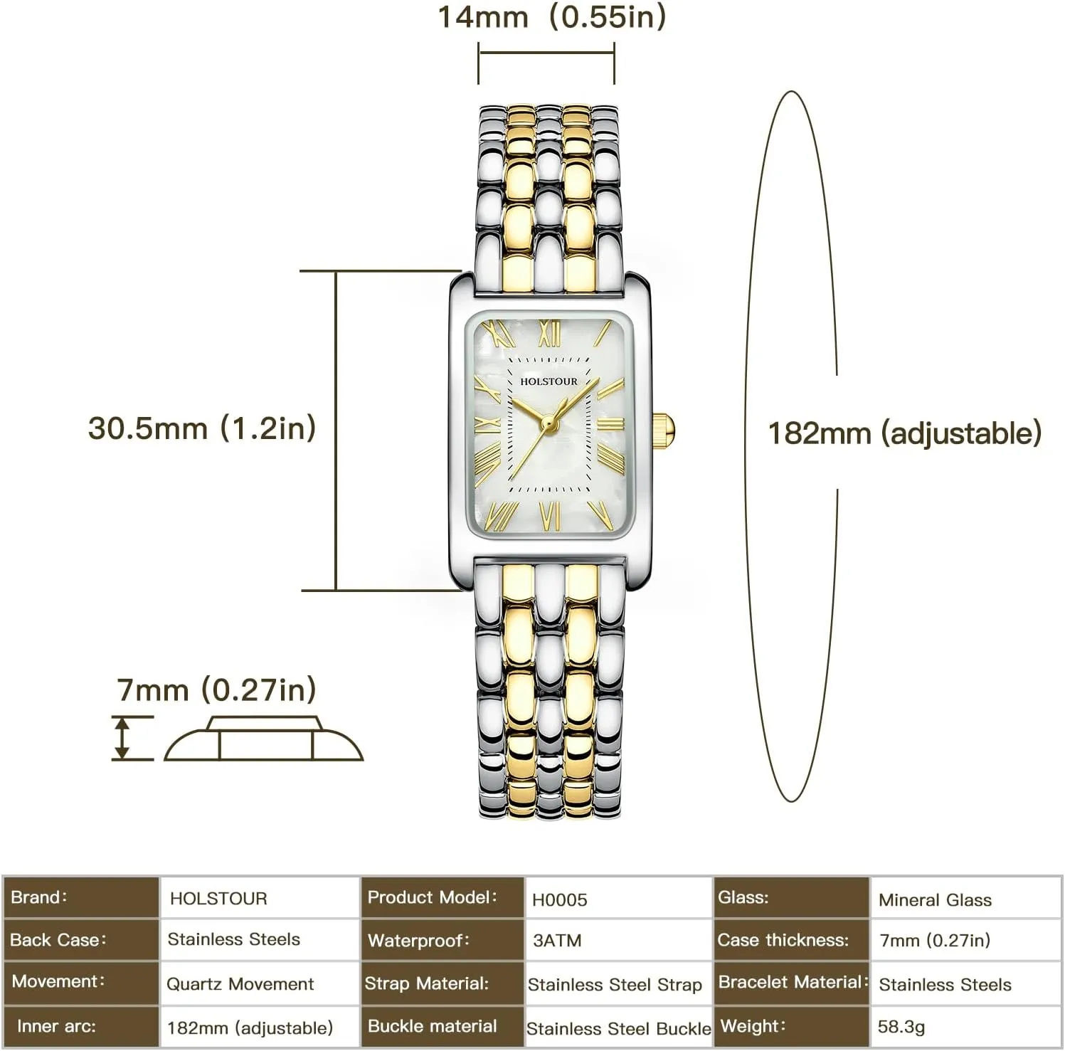 Gold Watches for Women Vintage Bracelet Roman Dial Rectangular Case Gold Watch Waterproof with Tools