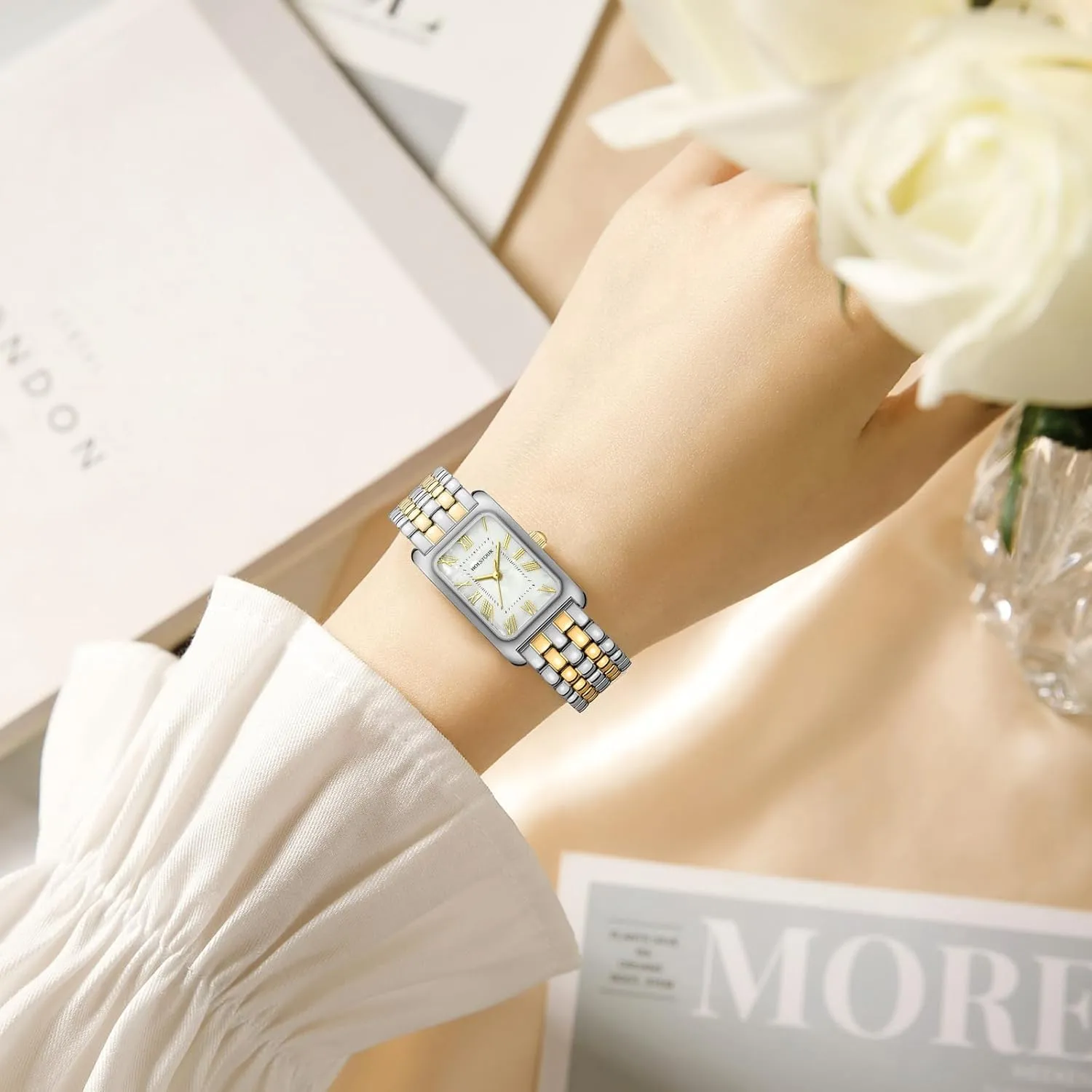 Gold Watches for Women Vintage Bracelet Roman Dial Rectangular Case Gold Watch Waterproof with Tools