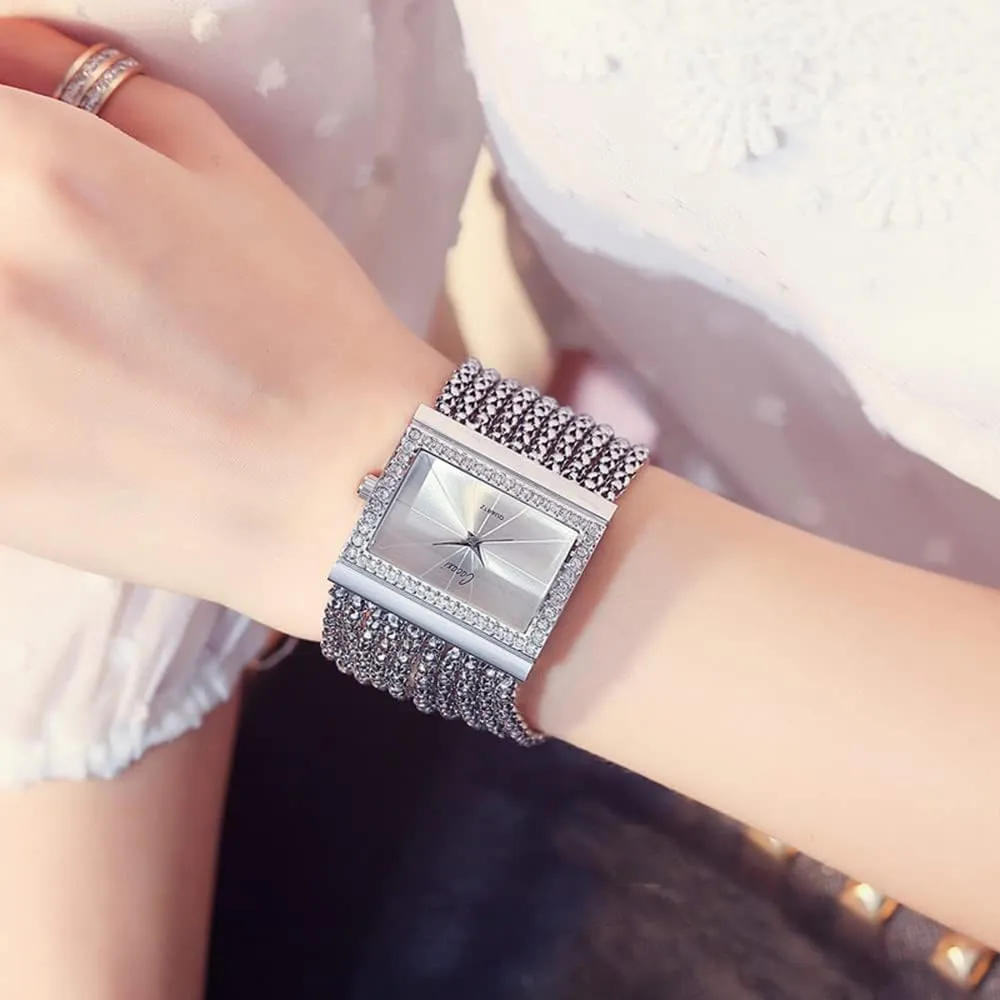 Gosasa Elegant Women Watches Fashion Tassel Wrist Watches for Women Ladies Square Bracelet Golden Diamond Women Quartz Watches Ladies Steel Wide Chain Watches