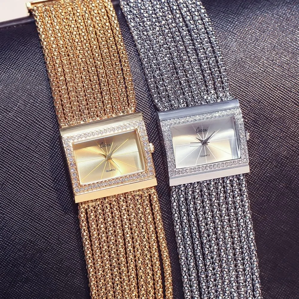 Gosasa Elegant Women Watches Fashion Tassel Wrist Watches for Women Ladies Square Bracelet Golden Diamond Women Quartz Watches Ladies Steel Wide Chain Watches