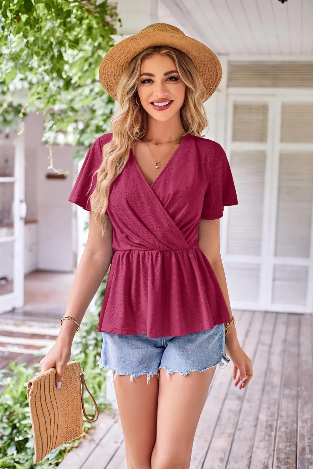 GRACE KARIN 2025 Womens Summer Tops Wrap V Neck Eyelet Top Ruffle Sleeve Peplum Casual T Shirts