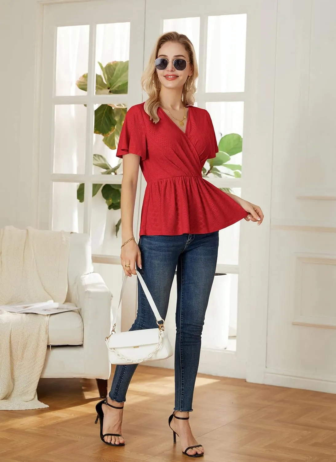 GRACE KARIN 2025 Womens Summer Tops Wrap V Neck Eyelet Top Ruffle Sleeve Peplum Casual T Shirts