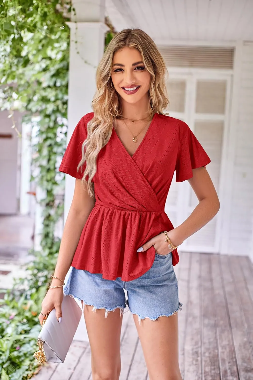 GRACE KARIN 2025 Womens Summer Tops Wrap V Neck Eyelet Top Ruffle Sleeve Peplum Casual T Shirts