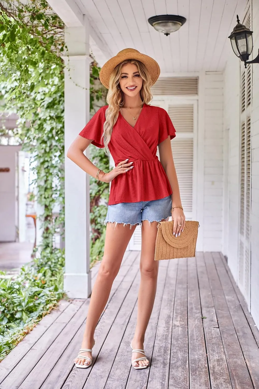 GRACE KARIN 2025 Womens Summer Tops Wrap V Neck Eyelet Top Ruffle Sleeve Peplum Casual T Shirts