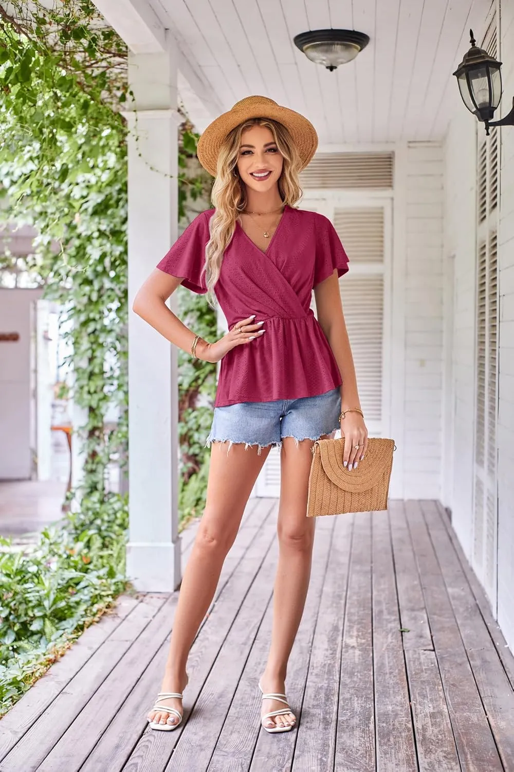 GRACE KARIN 2025 Womens Summer Tops Wrap V Neck Eyelet Top Ruffle Sleeve Peplum Casual T Shirts