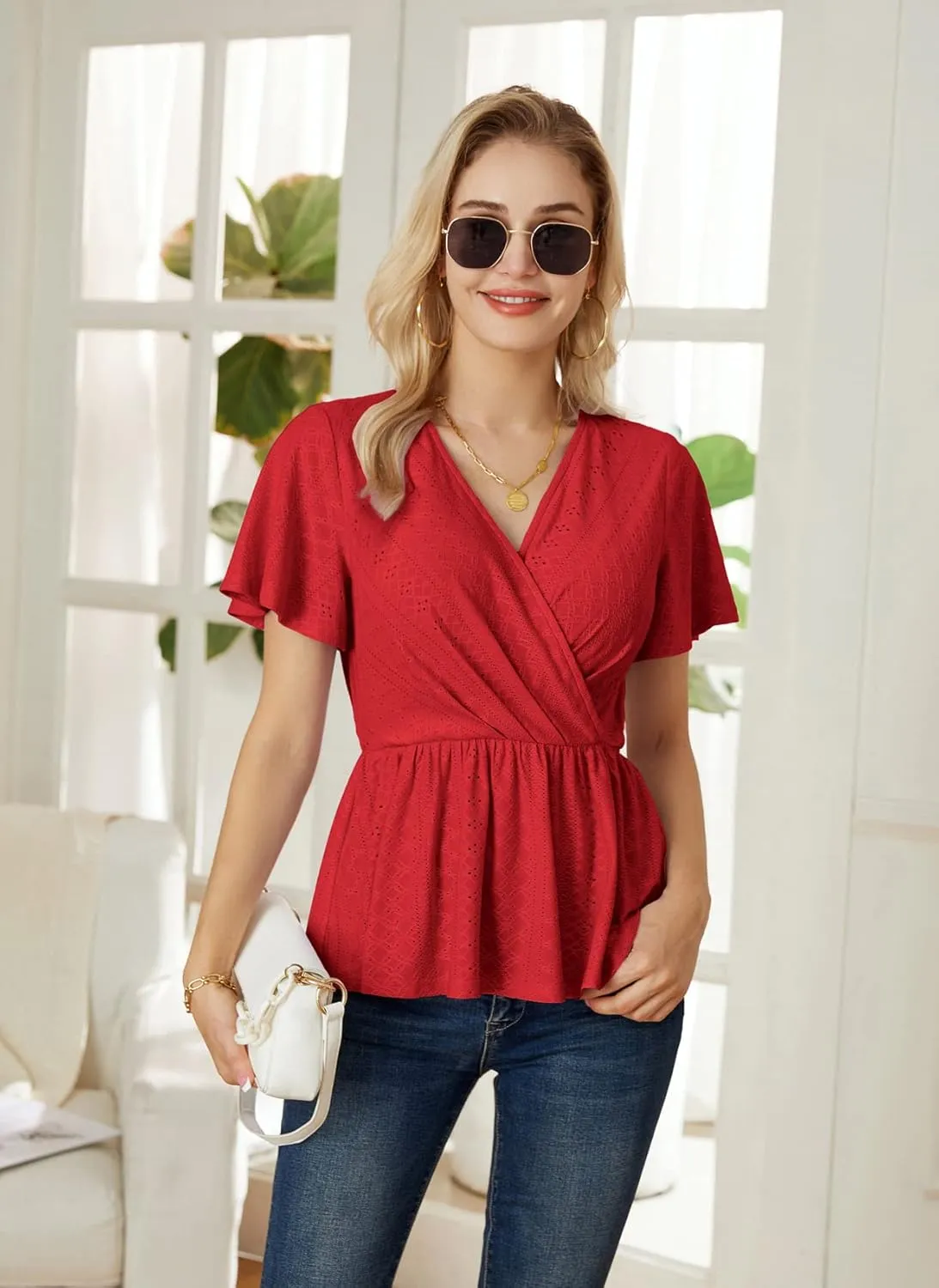 GRACE KARIN 2025 Womens Summer Tops Wrap V Neck Eyelet Top Ruffle Sleeve Peplum Casual T Shirts
