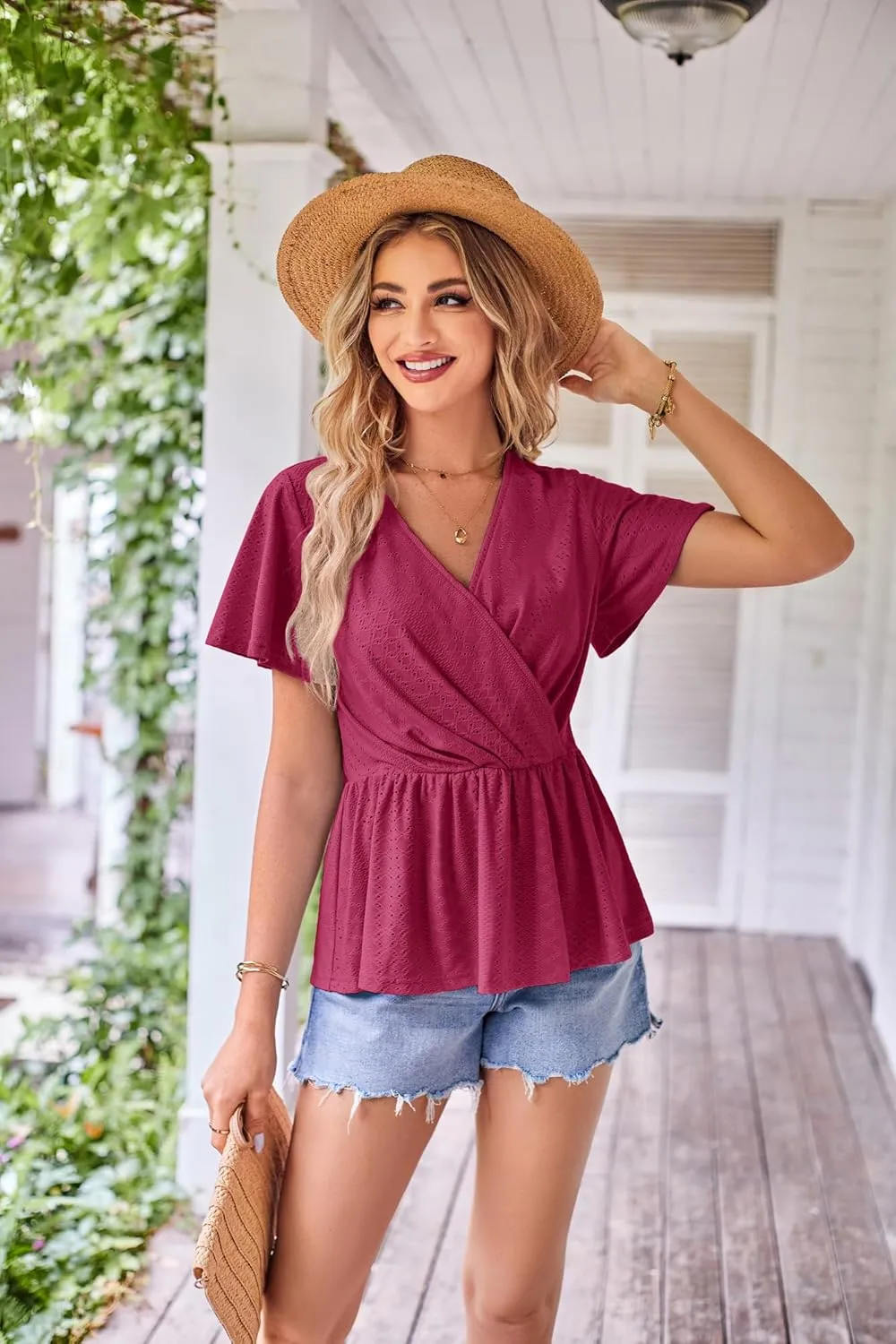 GRACE KARIN 2025 Womens Summer Tops Wrap V Neck Eyelet Top Ruffle Sleeve Peplum Casual T Shirts