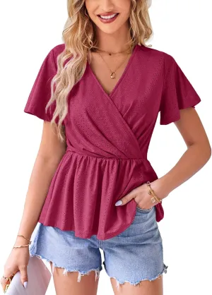 GRACE KARIN 2025 Womens Summer Tops Wrap V Neck Eyelet Top Ruffle Sleeve Peplum Casual T Shirts