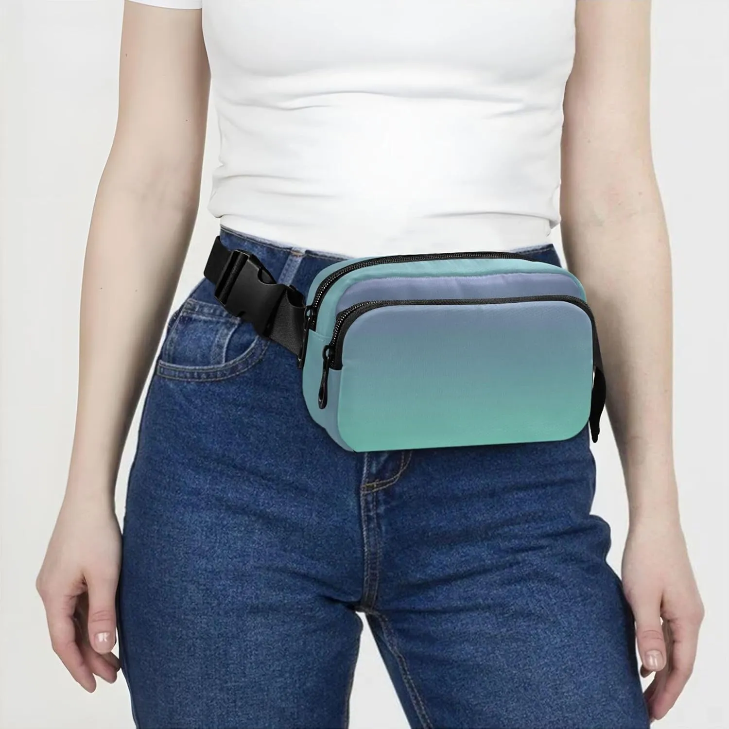 Gradient Violet Aquamarine Ombre Waterproof Women Fanny Pack Large Hip Belt Bag Neon Cross Body Waist Purse