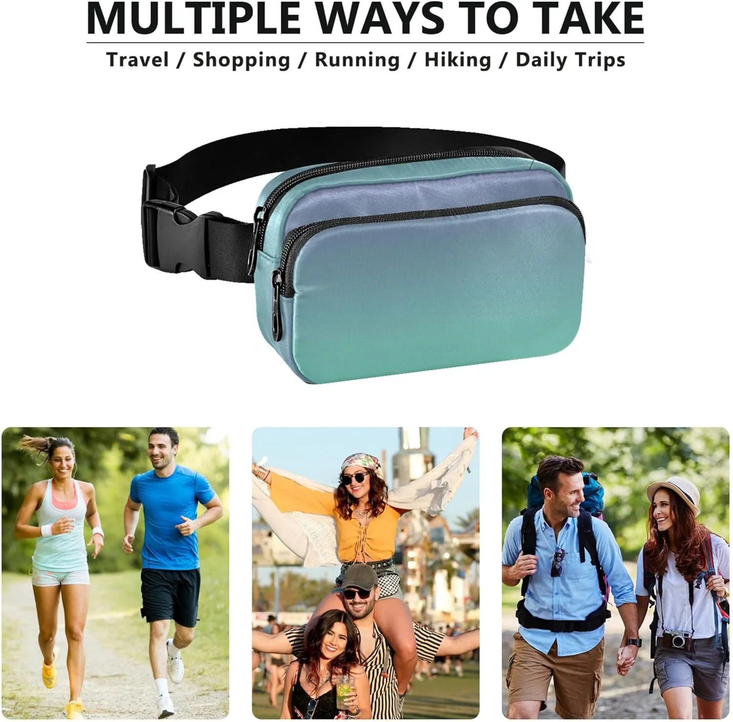 Gradient Violet Aquamarine Ombre Waterproof Women Fanny Pack Large Hip Belt Bag Neon Cross Body Waist Purse