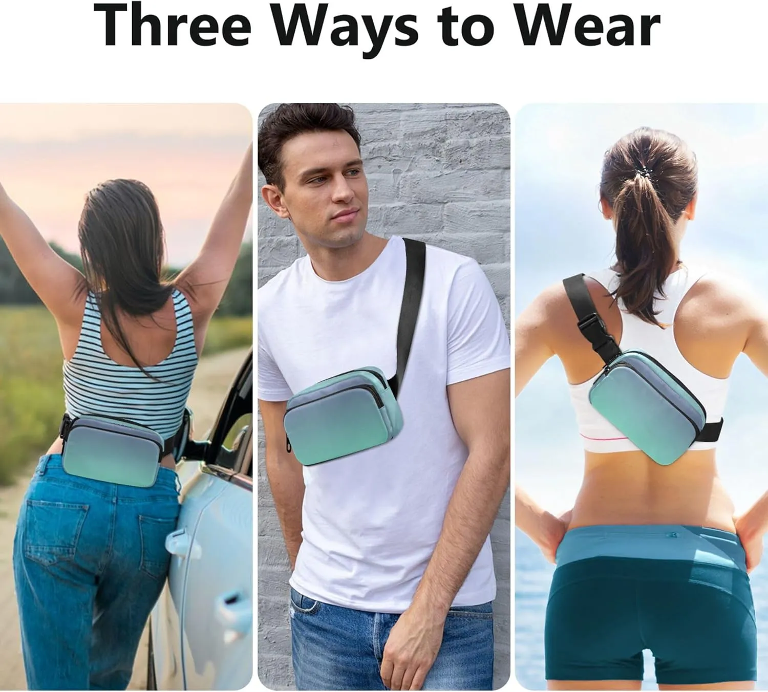 Gradient Violet Aquamarine Ombre Waterproof Women Fanny Pack Large Hip Belt Bag Neon Cross Body Waist Purse