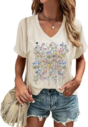 Graphic V Neck Shirt for Women Boho Floral Wildflowers Tee Casual Cottagecore Summer T-Shirt Blouse