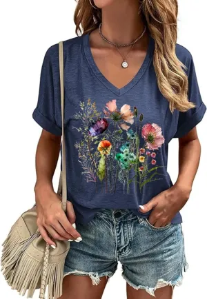 Graphic V Neck Shirt for Women Boho Floral Wildflowers Tee Casual Cottagecore Summer T-Shirt Blouse
