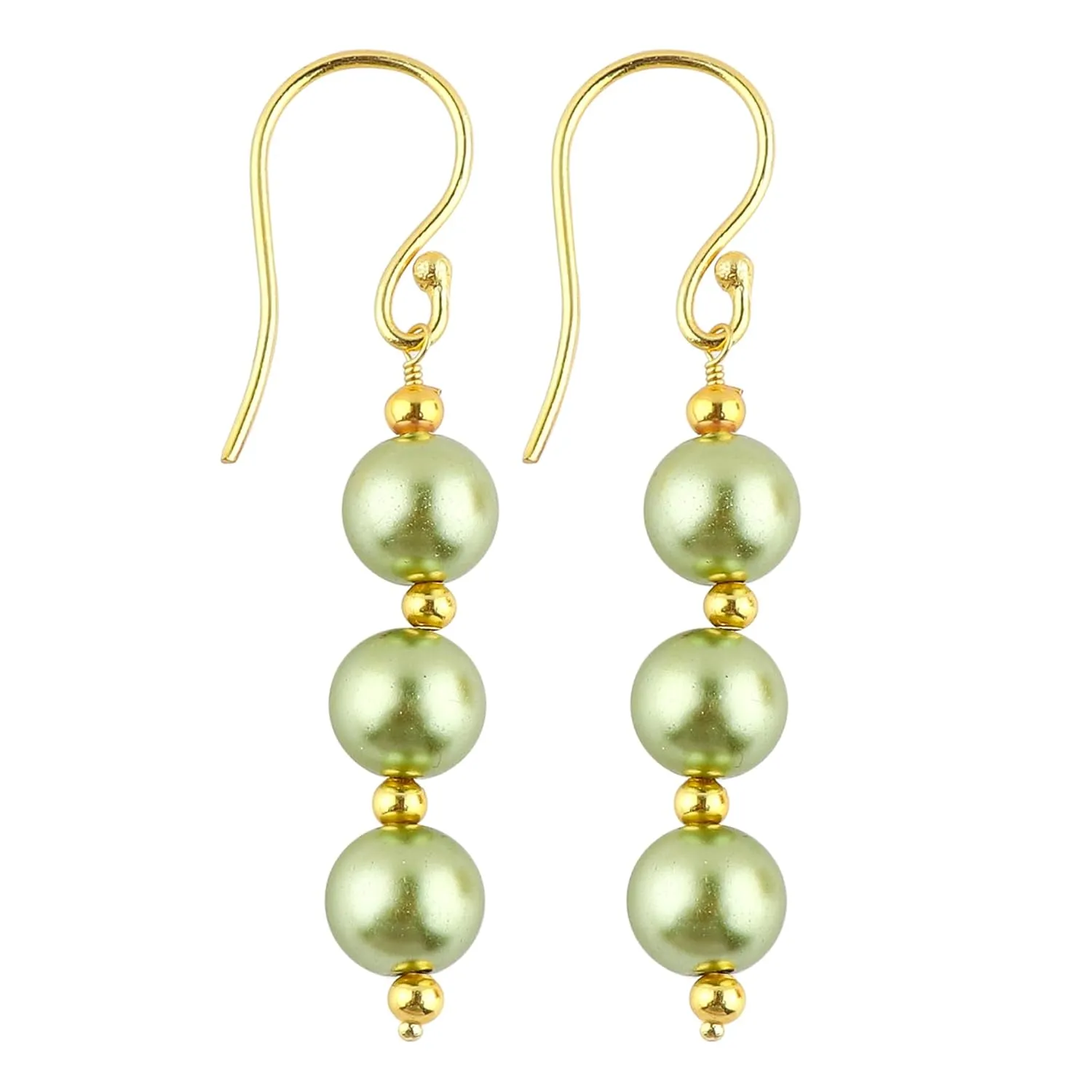 Green Pearl Drop Dangle Round Beads Earrings, Energy Healing Pearl, Jewelry for Women Girls, Birthday, Gift for Her, Jewelry in Gold Plated, Handmade