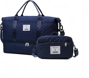 Gym Bag for Women with Shoe Compartment, Weekender Bag Travel Bag for Women, Dry-Wet Separation, and Multifunctional Large Capacity with Toiletry Bag 2 Pcs (Dark Blue)