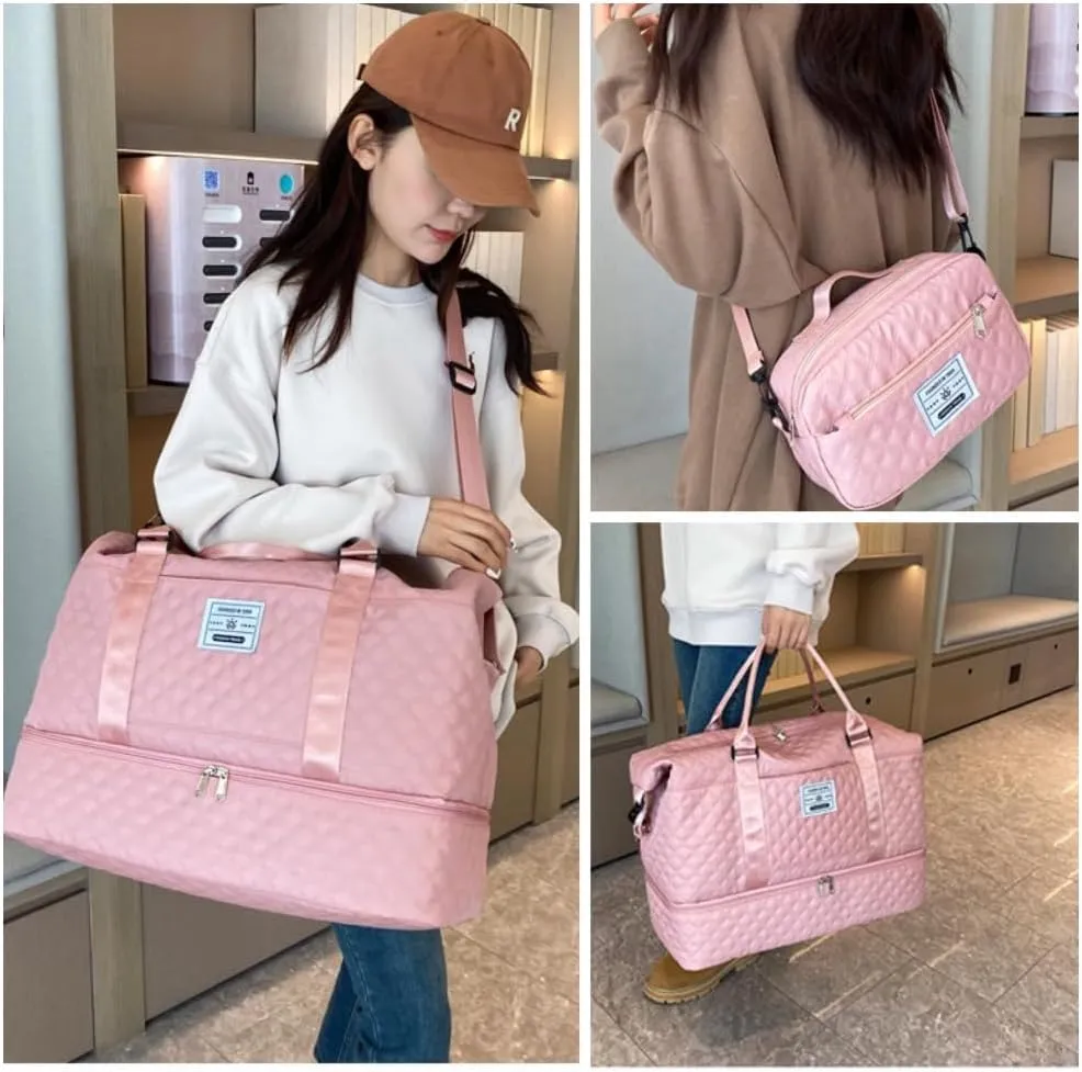 Gym Bag for Women with Shoe Compartment, Weekender Bag Travel Bag for Women, Dry-Wet Separation, and Multifunctional Large Capacity with Toiletry Bag 2 Pcs (Pink)