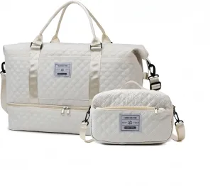 Gym Bag for Women with Shoe Compartment, Weekender Bag Travel Bag for Women, Dry-Wet Separation, Multifunctional Large Capacity and Premium Oxford Fabric with Toiletry Bag 2 Pcs (White)