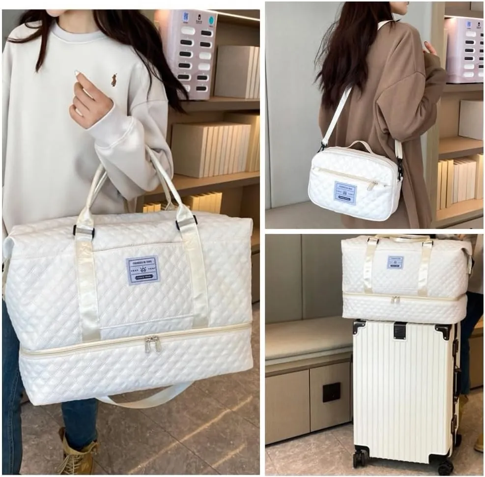Gym Bag for Women with Shoe Compartment, Weekender Bag Travel Bag for Women, Dry-Wet Separation, Multifunctional Large Capacity and Premium Oxford Fabric with Toiletry Bag 2 Pcs (White)