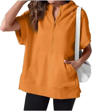 Half Zip Sweatshirt Women Oversized Short Sleeve Hoodies Casual Pullover Tops Loose Fit Summer Shirts with Pockets