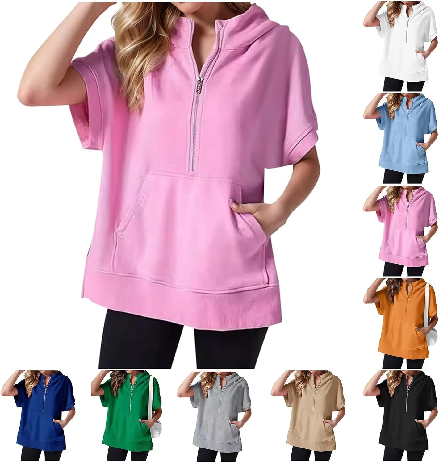 Half Zip Sweatshirt Women Oversized Short Sleeve Hoodies Casual Pullover Tops Loose Fit Summer Shirts with Pockets