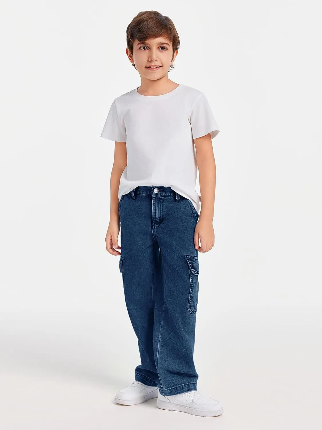 Haloumoning Boys Cargo Baggy Pants Elastic Waist Wide Leg Jeans Casual Demin Pants with Pockets 5-14 Years