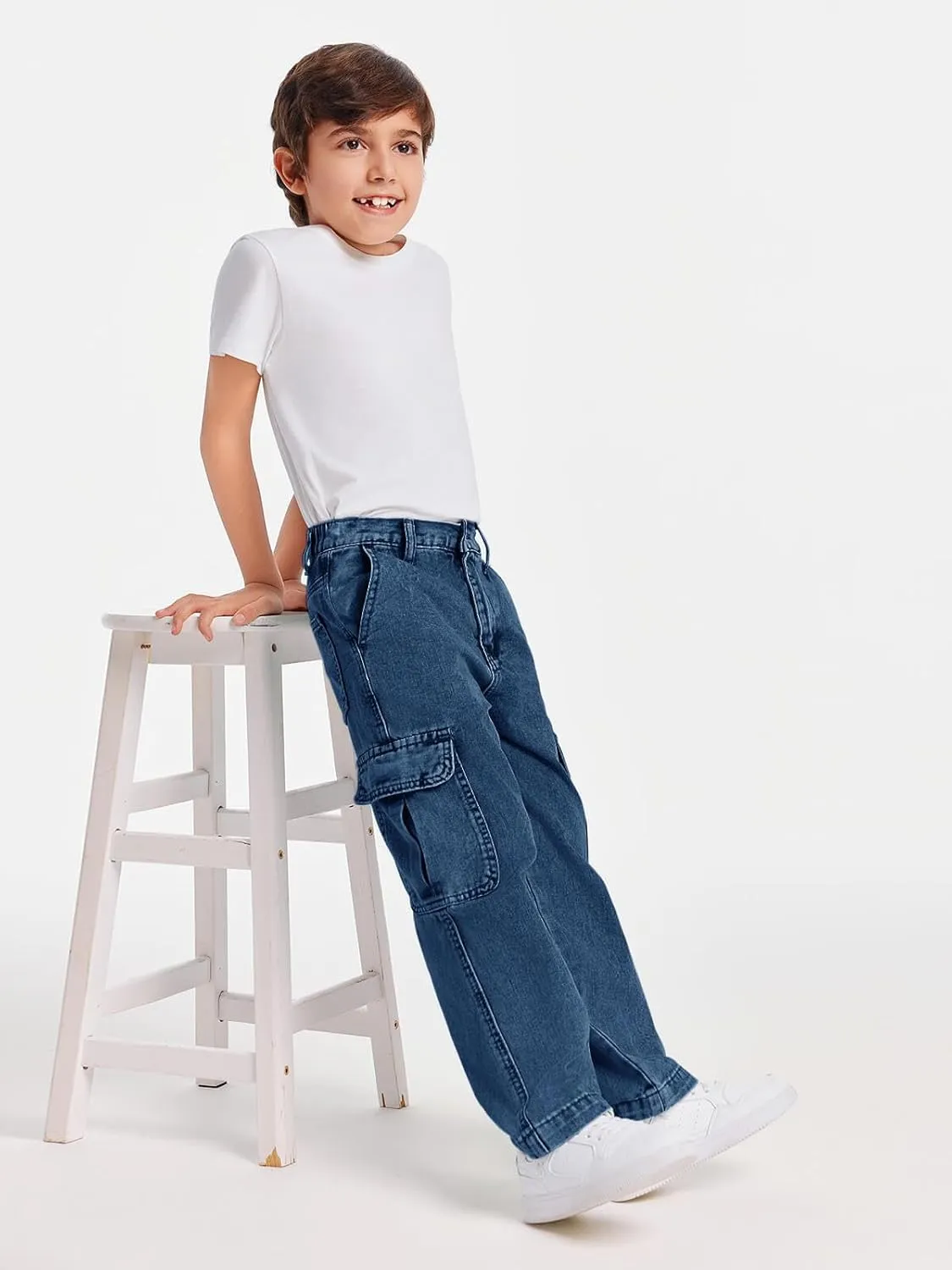 Haloumoning Boys Cargo Baggy Pants Elastic Waist Wide Leg Jeans Casual Demin Pants with Pockets 5-14 Years