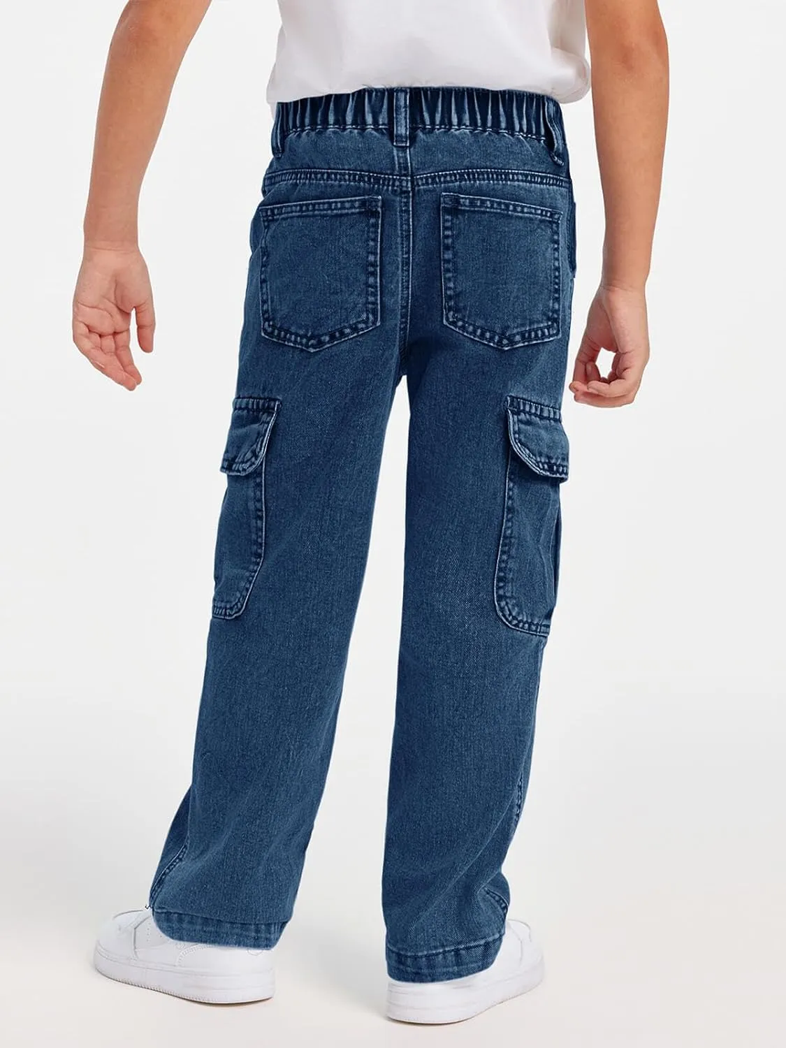 Haloumoning Boys Cargo Baggy Pants Elastic Waist Wide Leg Jeans Casual Demin Pants with Pockets 5-14 Years