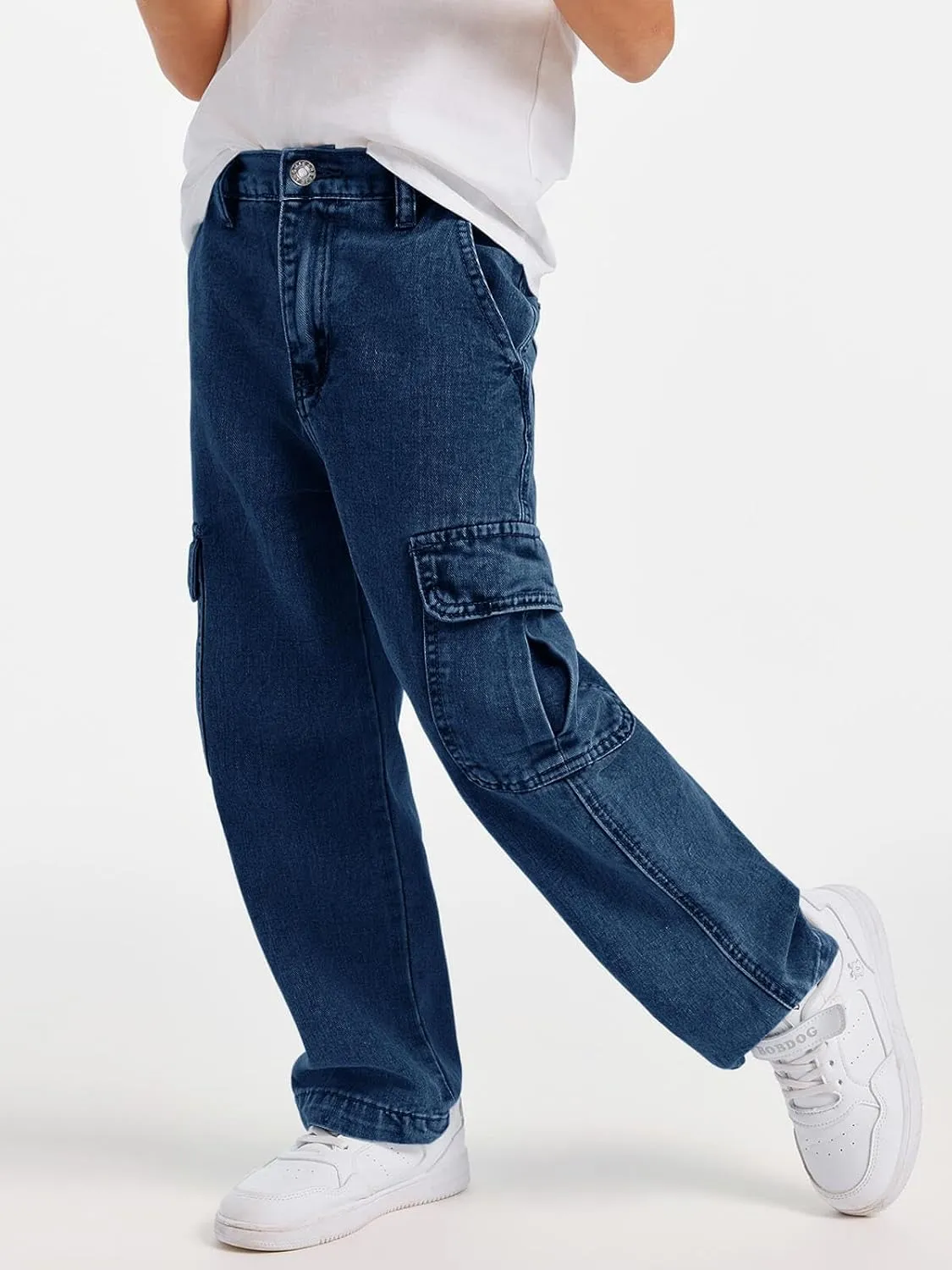 Haloumoning Boys Cargo Baggy Pants Elastic Waist Wide Leg Jeans Casual Demin Pants with Pockets 5-14 Years