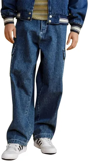 Haloumoning Boys Cargo Baggy Pants Elastic Waist Wide Leg Jeans Casual Demin Pants with Pockets 5-14 Years