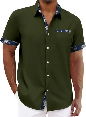 Hawaiian Shirt for Men Button Down Cuban Guayabera Tops V Neck Short Sleeve Aloha Shirts Summer Beach Camp Blouses