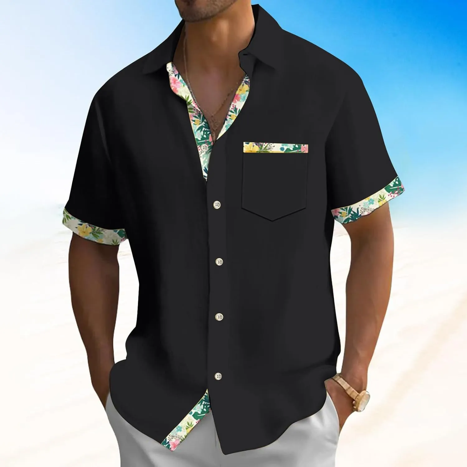 Hawaiian Shirt for Men Button Down Short Sleeve Blouse Stretch V Neck Blouses Summer Beach Aloha Shirts with Pocket
